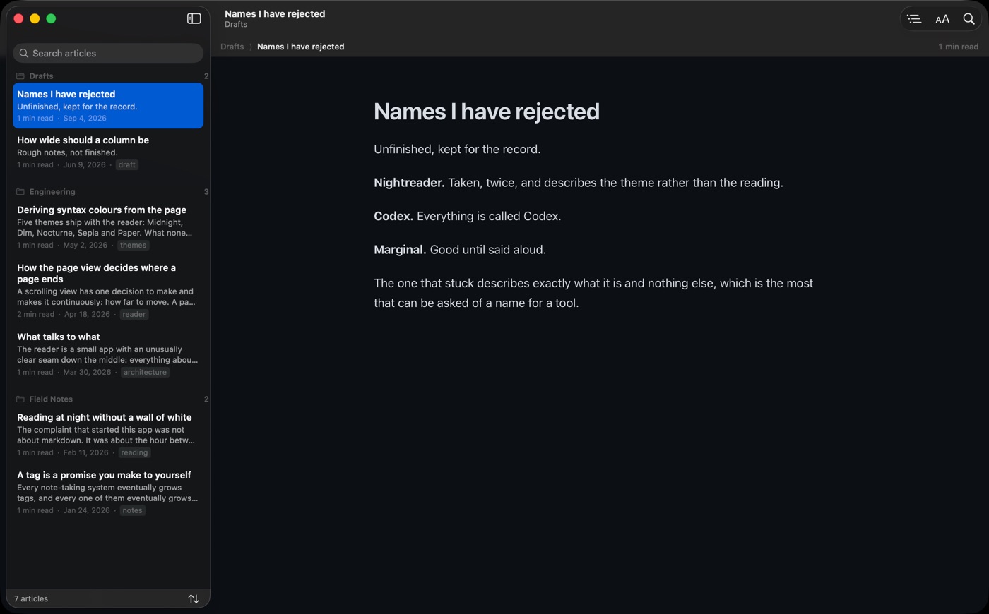 The sidebar lists each article by its title, with an opening line, reading time, date and tag, grouped by folder.