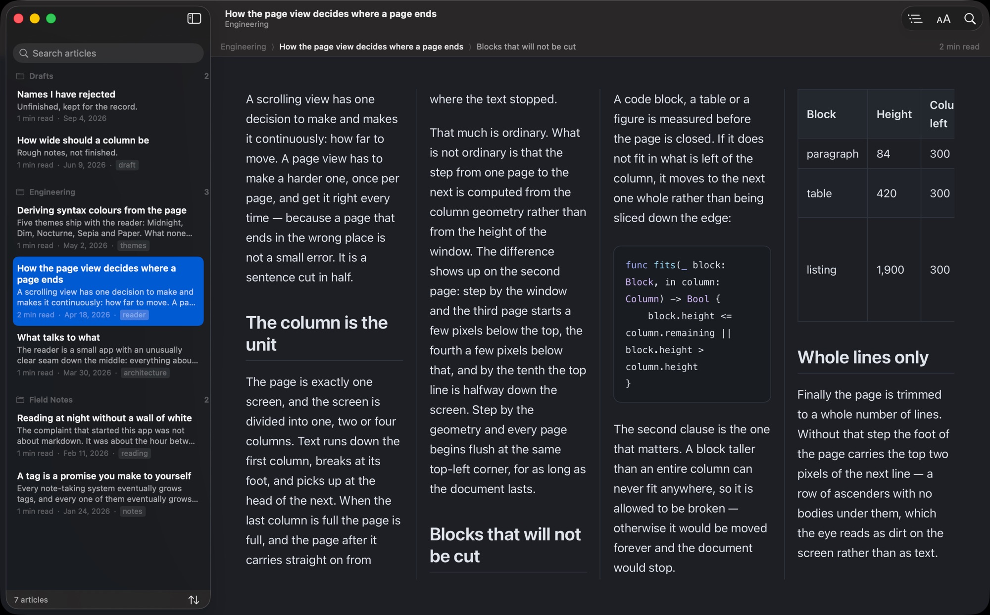 Markdown Dark Reader on a Mac: the library of articles on the left, and an article set as a four-column page on the right, with a code block and a table kept whole.